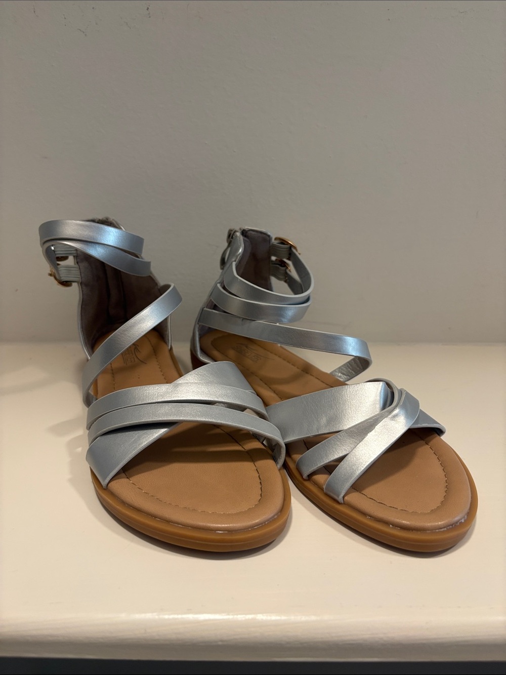 Metallic Silver Strappy Ankle Wrap Women's Sandals